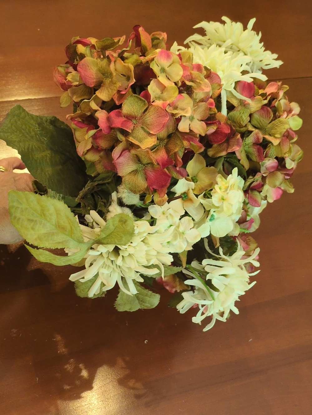 Faux Silk Hydrangeas & Chrysanthemum Bunch Salmon Pink Cream Green Antique Look